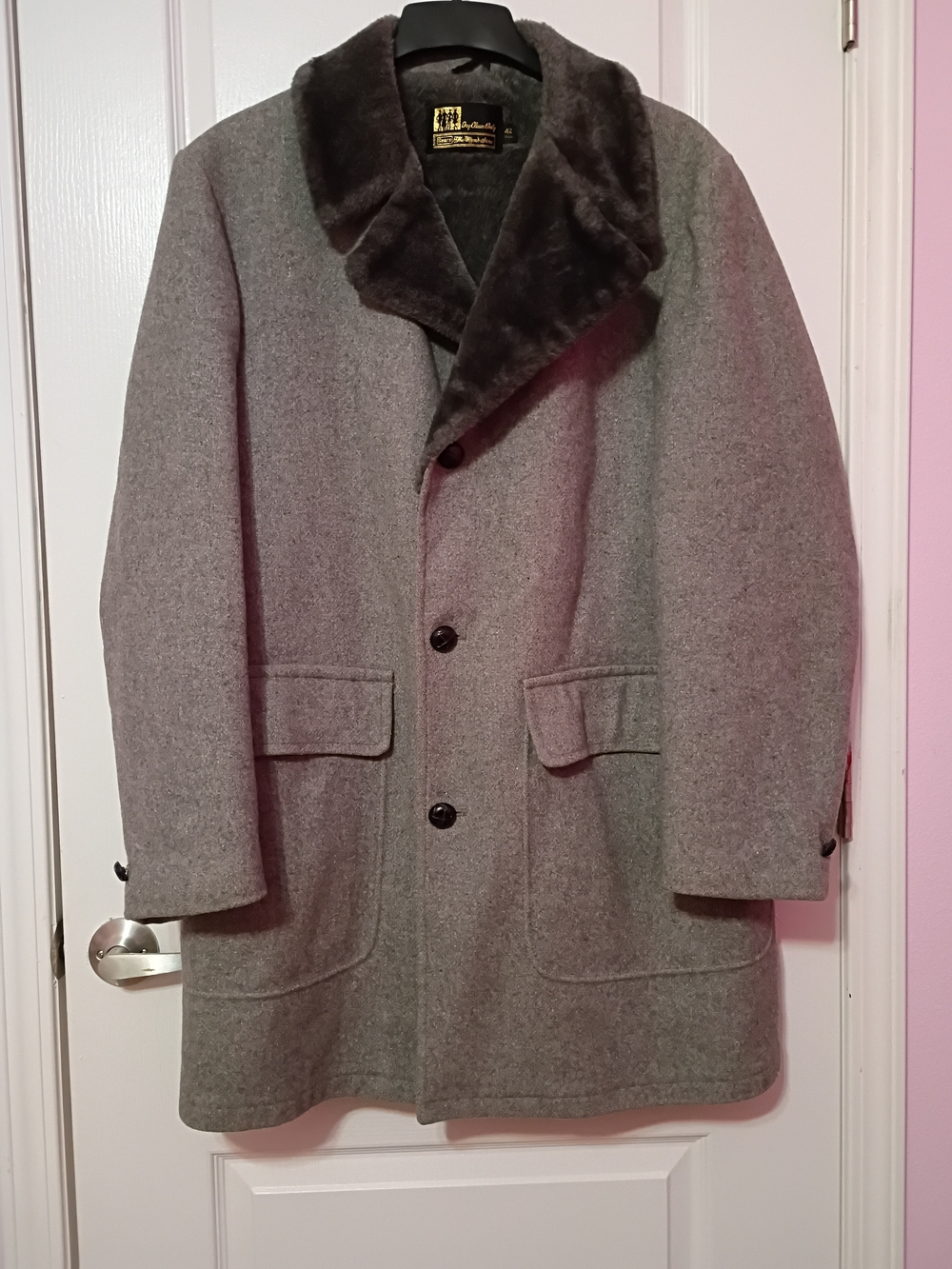 Vintage Sears The Men's Store Gray Wool Pea Coat with Faux Fur Collar
